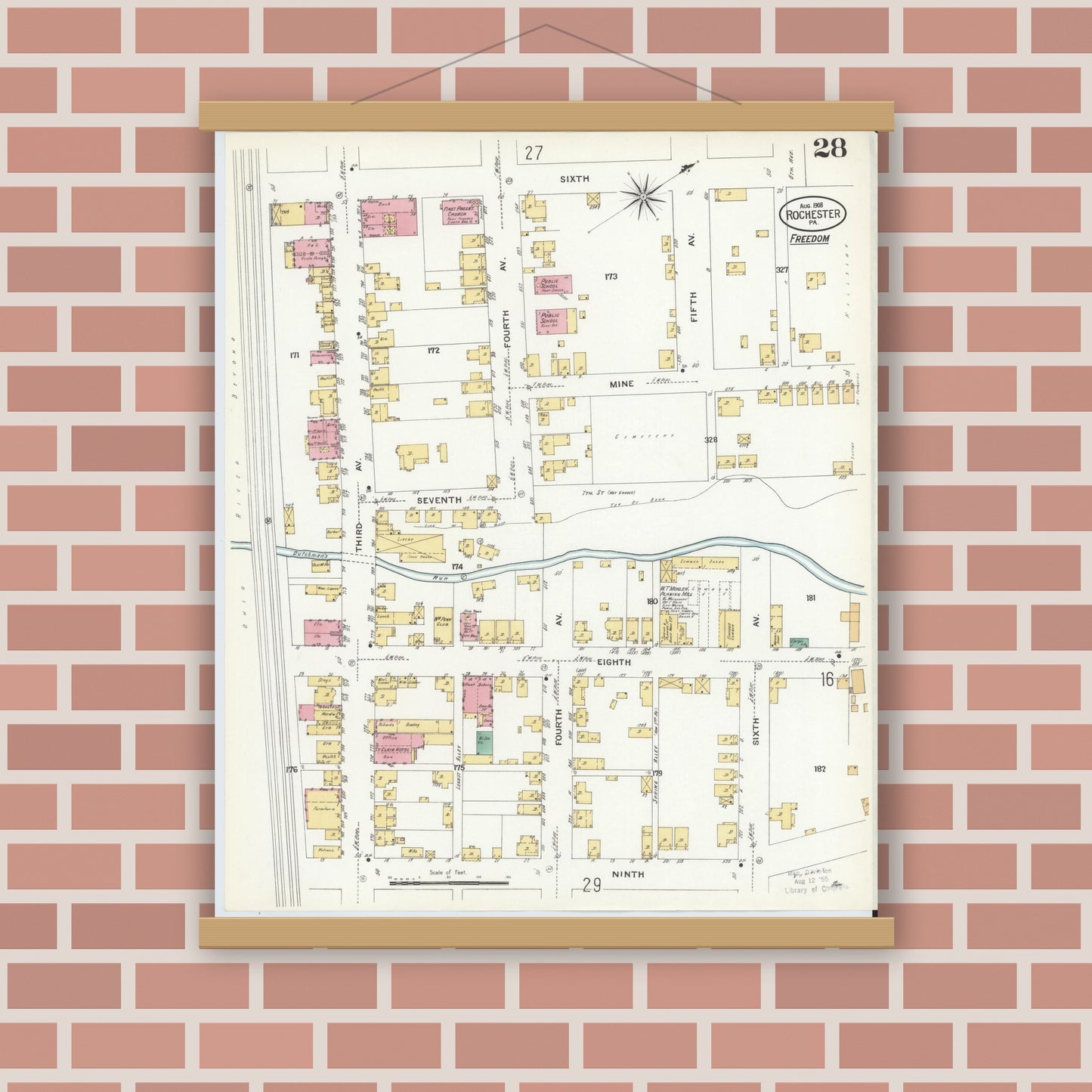 Old map wall art mockup — magnetic wood frame on brick wall — Sanborn Fire Insurance Map from Rochester, Beaver County, Pennsylvania (1908), Sheet #0027