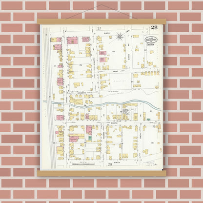Old map wall art mockup — magnetic wood frame on brick wall — Sanborn Fire Insurance Map from Rochester, Beaver County, Pennsylvania (1908), Sheet #0027