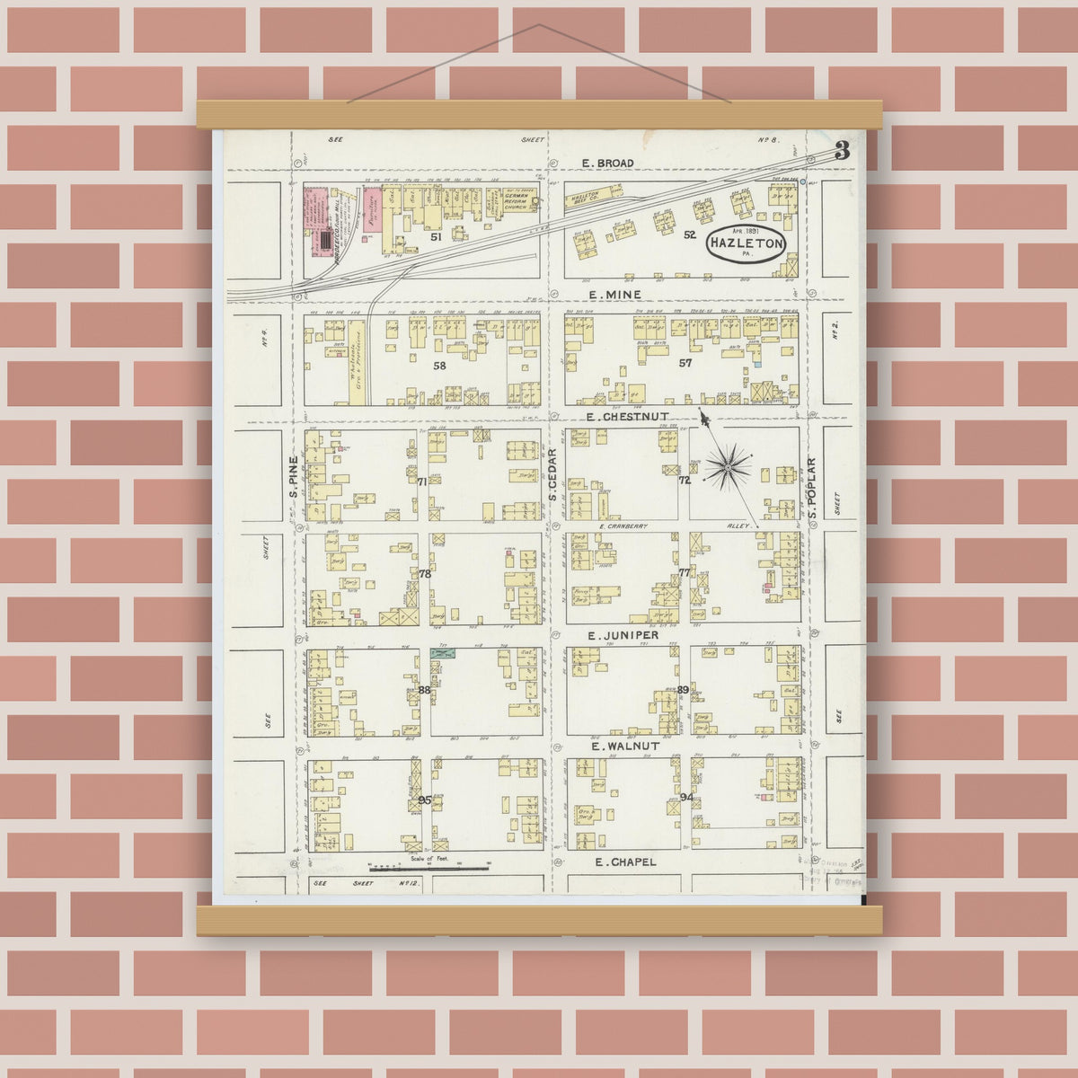 Old map wall art mockup — magnetic wood frame on brick wall — Sanborn Fire Insurance Map from Hazleton, Luzerne County, Pennsylvania (1891), Sheet #0003