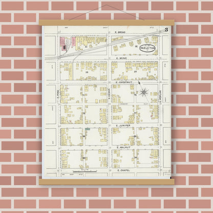 Old map wall art mockup — magnetic wood frame on brick wall — Sanborn Fire Insurance Map from Hazleton, Luzerne County, Pennsylvania (1891), Sheet #0003