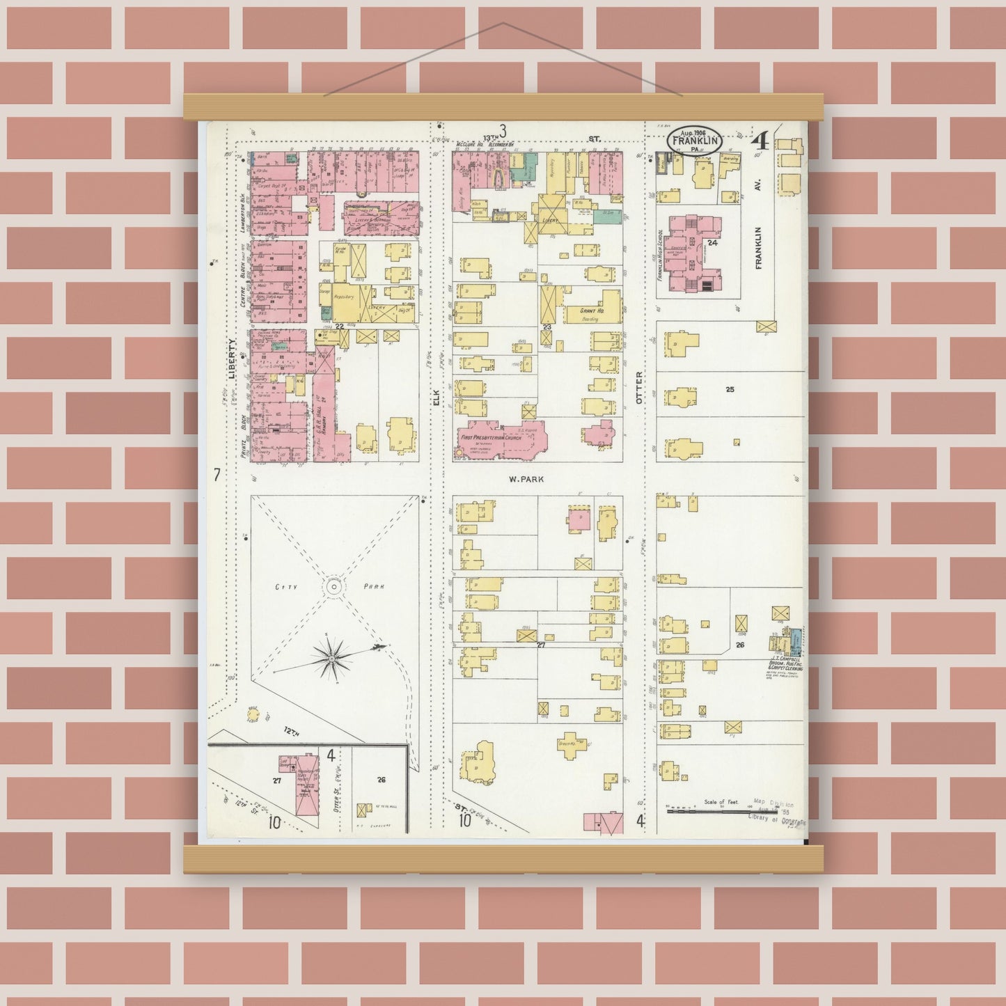 Old map wall art mockup — magnetic wood frame on brick wall — Sanborn Fire Insurance Map from Franklin, Venango County, Pennsylvania (1906), Sheet #0004