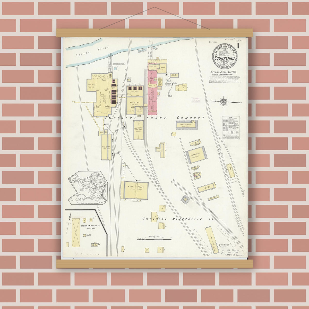 Old map wall art mockup — magnetic wood frame on brick wall — Sanborn Fire Insurance Map from Sugarland, Fort Bend County, Texas (1913) - Complete Map Set