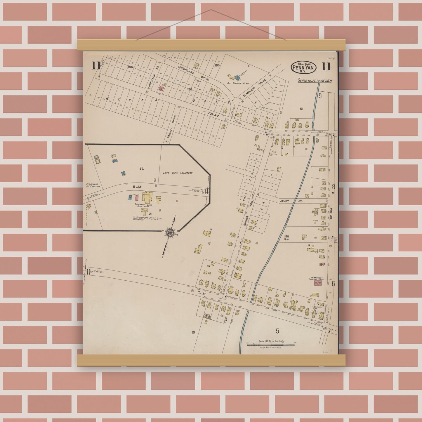 Old map wall art mockup — magnetic wood frame on brick wall — Sanborn Fire Insurance Map from Penn Yan, Yates County, New York (1922), Sheet #0011