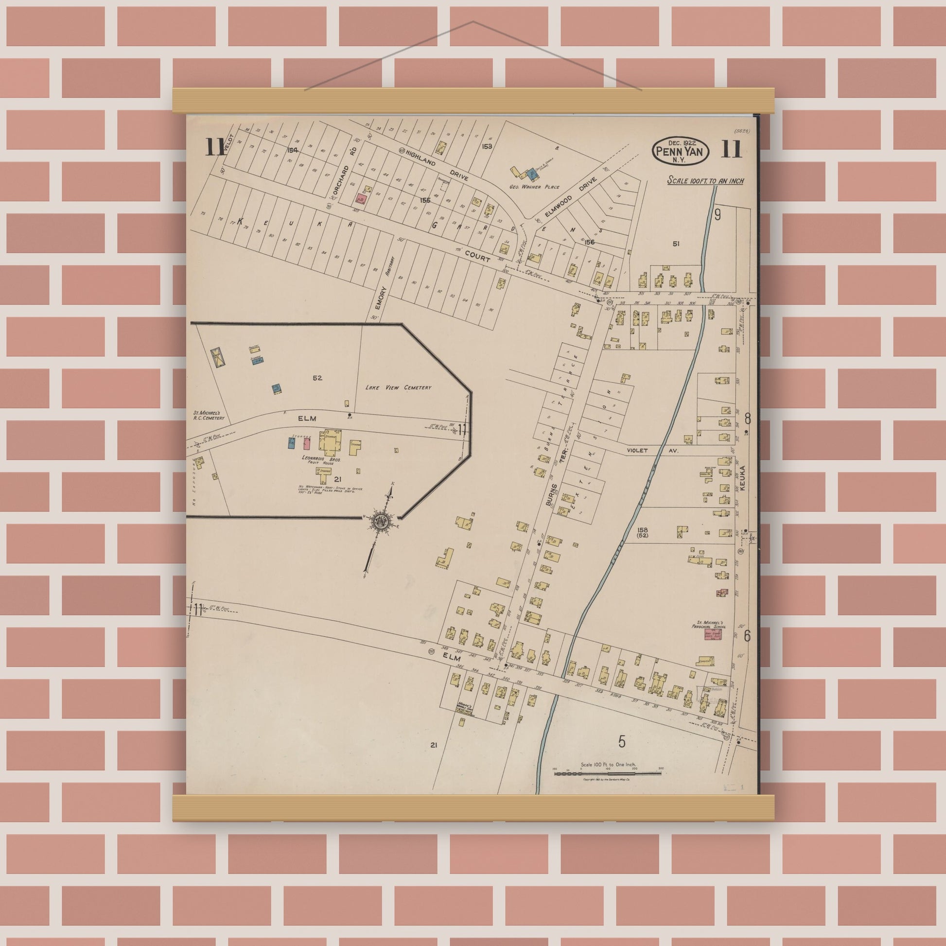 Old map wall art mockup — magnetic wood frame on brick wall — Sanborn Fire Insurance Map from Penn Yan, Yates County, New York (1922), Sheet #0011