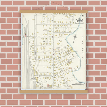 Old map wall art mockup — magnetic wood frame on brick wall — Sanborn Fire Insurance Map from Framingham, Middlesex County, Massachusetts (1915), Sheet #0002