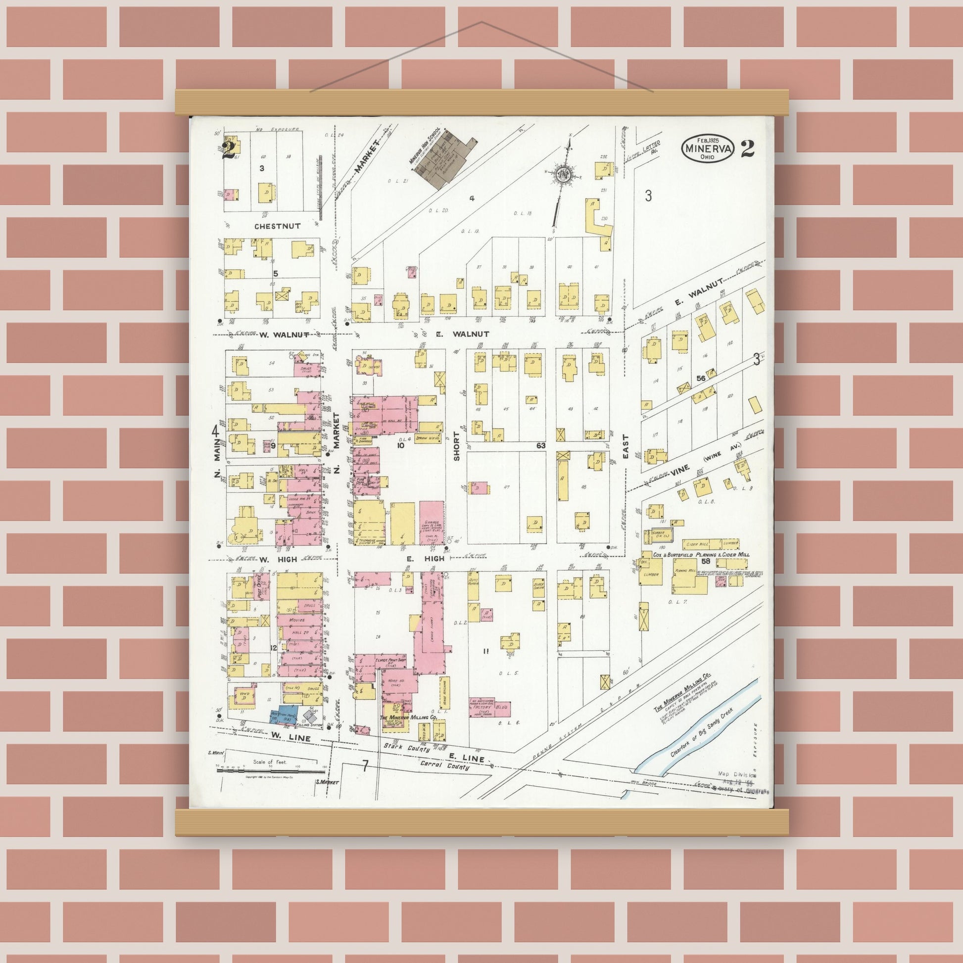 Old map wall art mockup — magnetic wood frame on brick wall — Sanborn Fire Insurance Map from Minerva, Stark And Carroll Counties, Ohio (1925), Sheet #0002