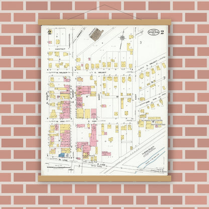 Old map wall art mockup — magnetic wood frame on brick wall — Sanborn Fire Insurance Map from Minerva, Stark And Carroll Counties, Ohio (1925), Sheet #0002