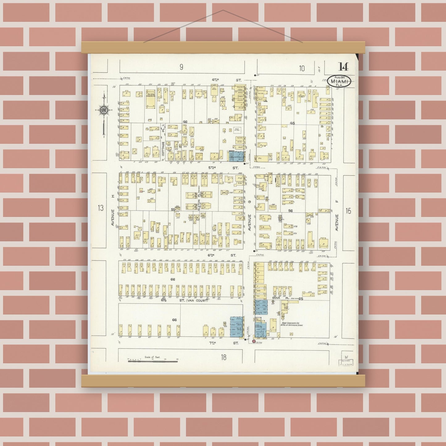 Old map wall art mockup — magnetic wood frame on brick wall — Sanborn Fire Insurance Map from Miami, Dade County, Florida (1914), Sheet #0014