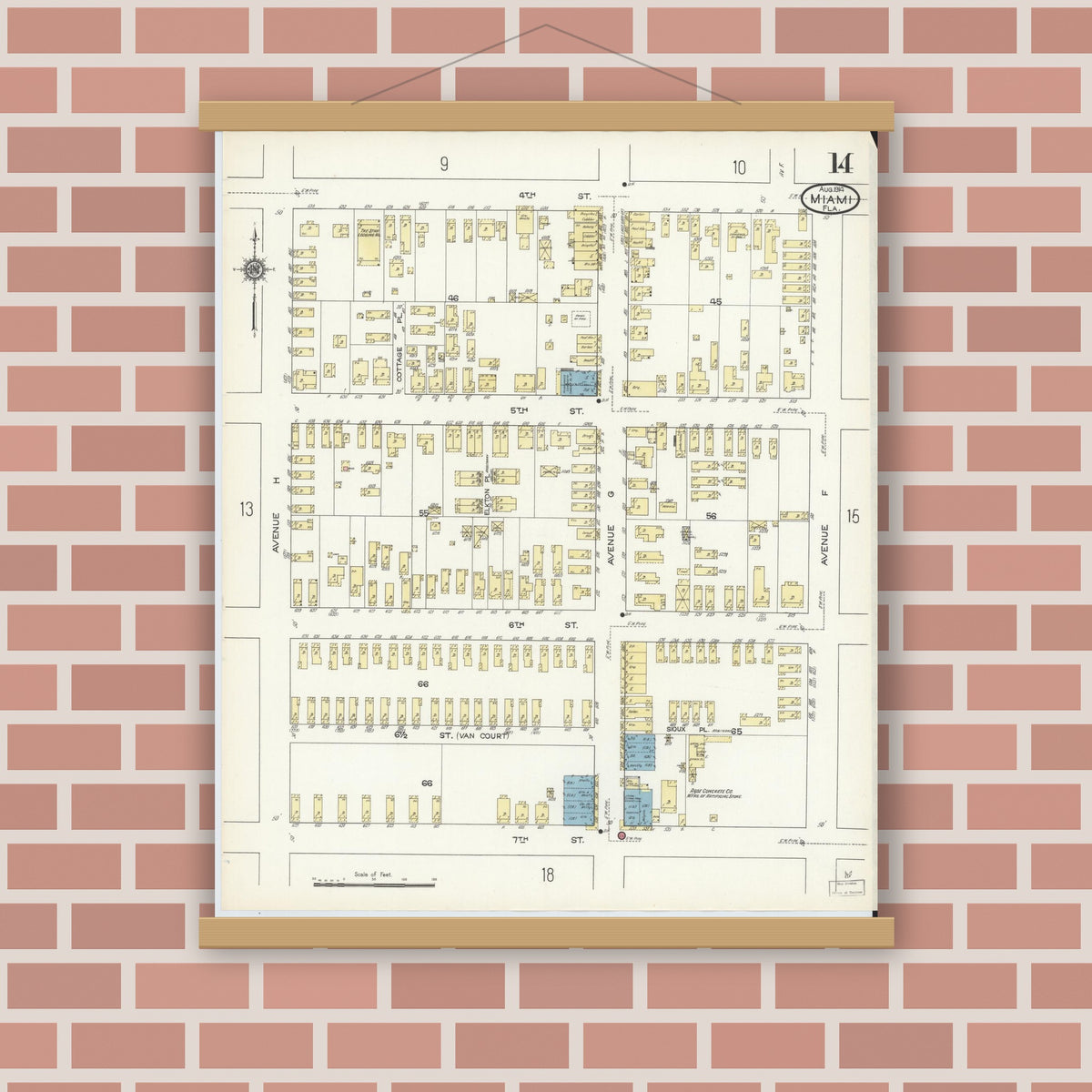 Old map wall art mockup — magnetic wood frame on brick wall — Sanborn Fire Insurance Map from Miami, Dade County, Florida (1914), Sheet #0014