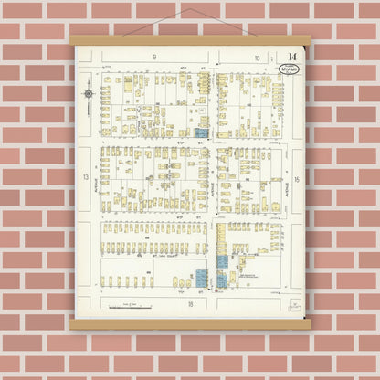 Old map wall art mockup — magnetic wood frame on brick wall — Sanborn Fire Insurance Map from Miami, Dade County, Florida (1914), Sheet #0014