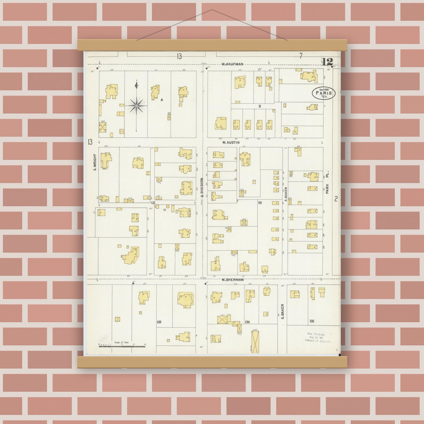 Old map wall art mockup — magnetic wood frame on brick wall — Sanborn Fire Insurance Map from Paris, Lamar County, Texas (1902), Sheet #0012