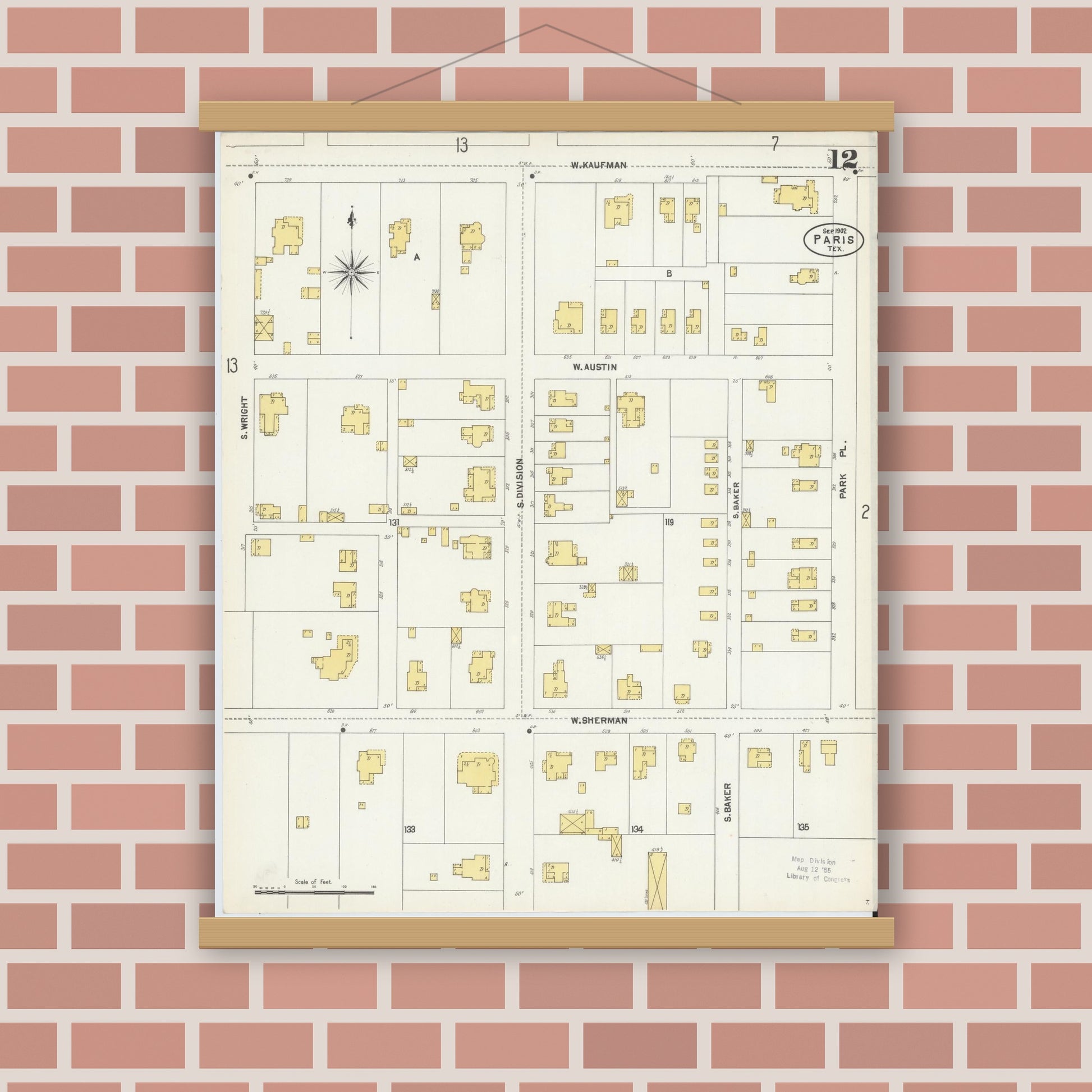 Old map wall art mockup — magnetic wood frame on brick wall — Sanborn Fire Insurance Map from Paris, Lamar County, Texas (1902), Sheet #0012