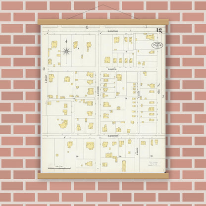 Old map wall art mockup — magnetic wood frame on brick wall — Sanborn Fire Insurance Map from Paris, Lamar County, Texas (1902), Sheet #0012