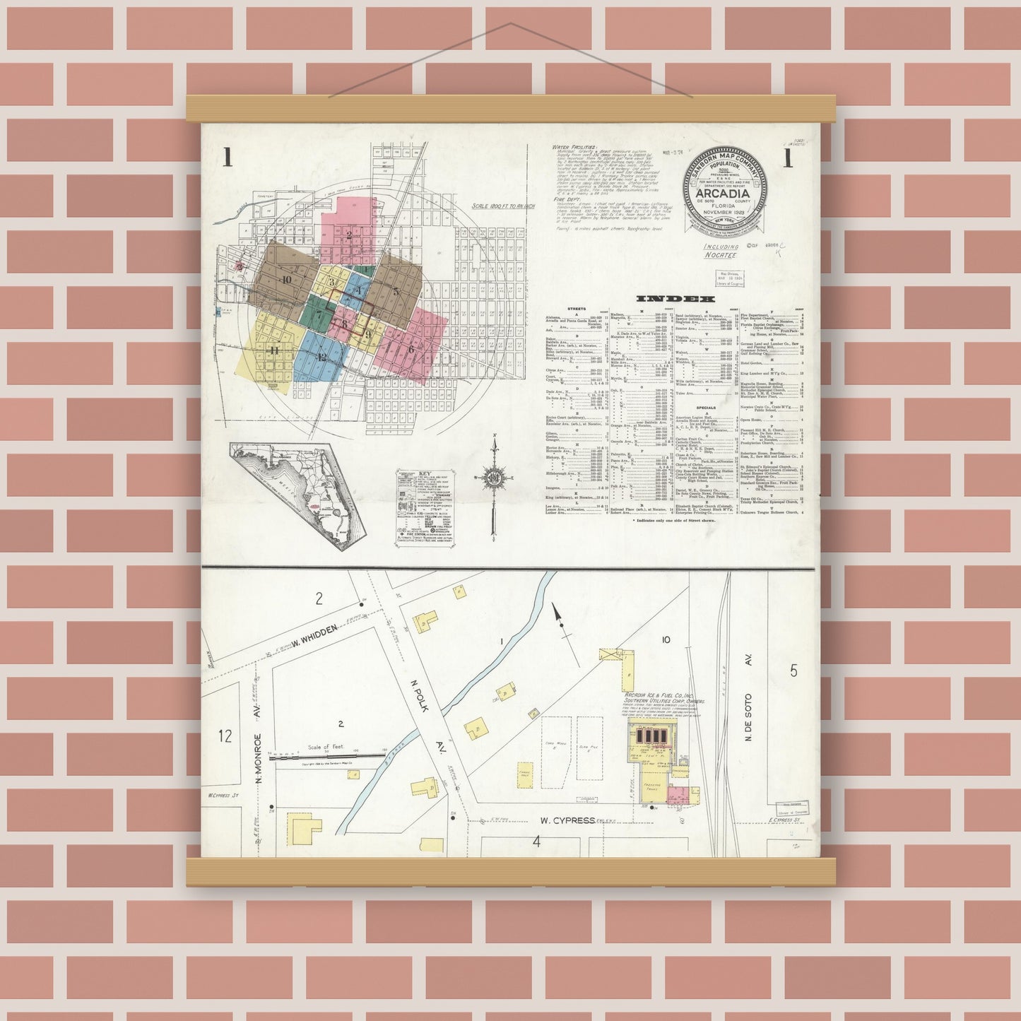 Old map wall art mockup — magnetic wood frame on brick wall — Sanborn Fire Insurance Map from Arcadia, DeSoto County, Florida (1923) - Complete Map Set