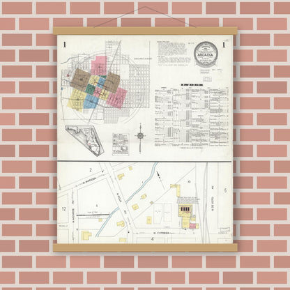 Old map wall art mockup — magnetic wood frame on brick wall — Sanborn Fire Insurance Map from Arcadia, DeSoto County, Florida (1923) - Complete Map Set