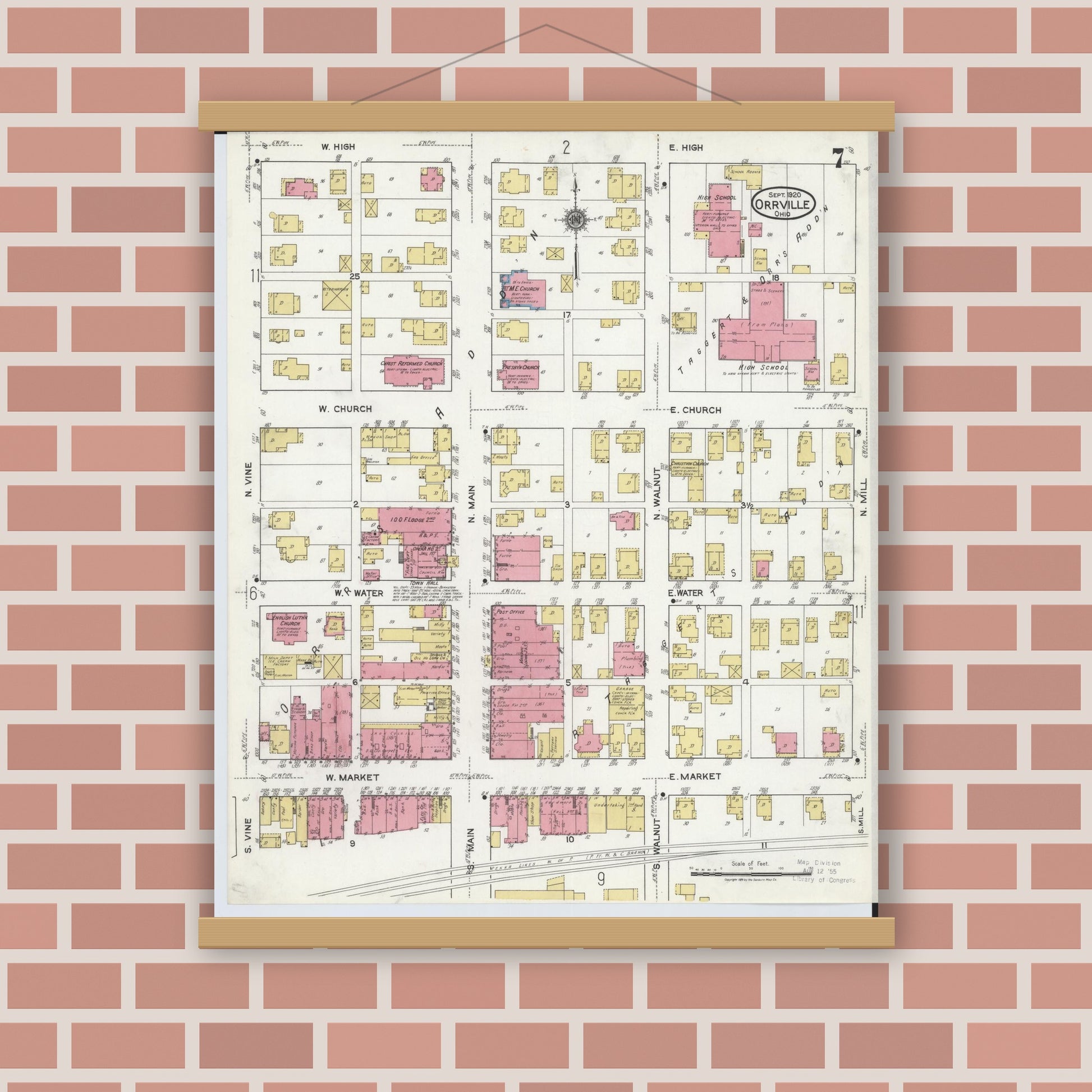 Old map wall art mockup — magnetic wood frame on brick wall — Sanborn Fire Insurance Map from Orrville, Wayne County, Ohio (1920), Sheet #0007