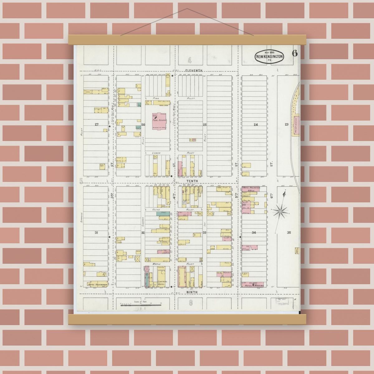 Old map wall art mockup — magnetic wood frame on brick wall — Sanborn Fire Insurance Map from New Kensington, Westmoreland County, Pennsylvania (1895), Sheet #0006