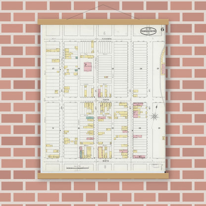 Old map wall art mockup — magnetic wood frame on brick wall — Sanborn Fire Insurance Map from New Kensington, Westmoreland County, Pennsylvania (1895), Sheet #0006