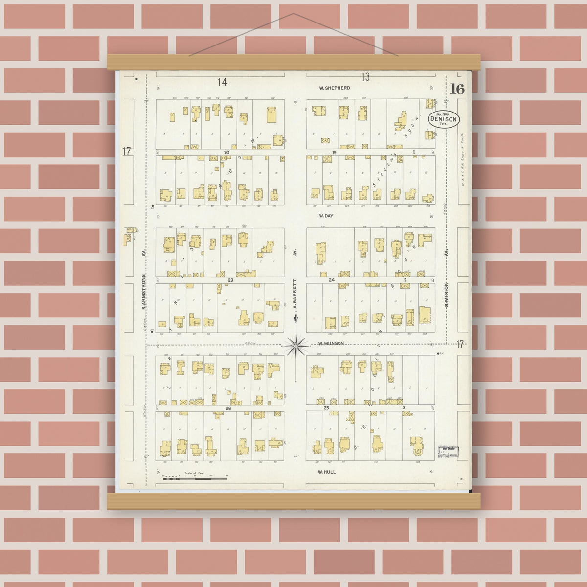 Old map wall art mockup — magnetic wood frame on brick wall — Sanborn Fire Insurance Map from Denison, Grayson County, Texas (1903), Sheet #0016