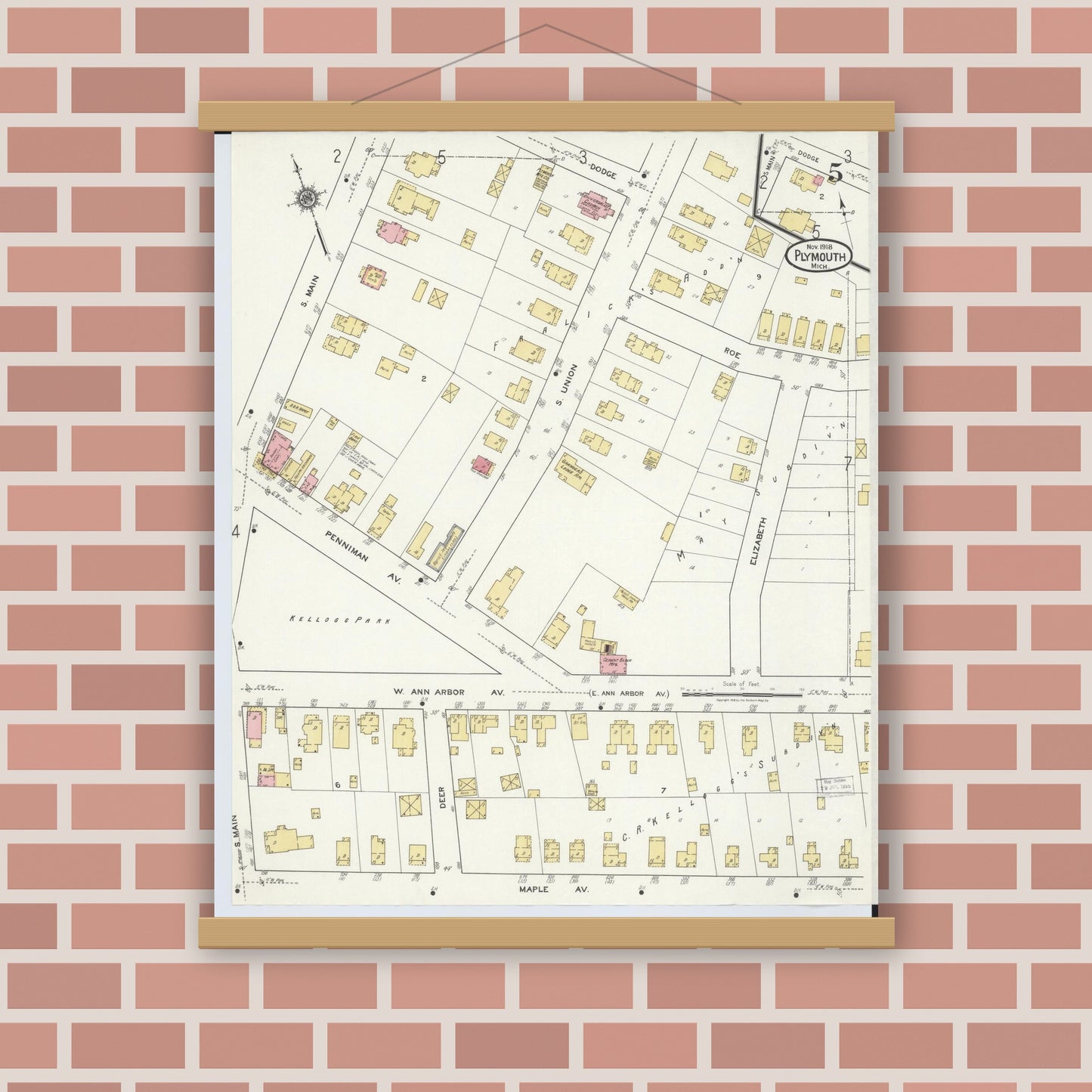 Old map wall art mockup — magnetic wood frame on brick wall — Sanborn Fire Insurance Map from Plymouth, Wayne County, Michigan (1918), Sheet #0005
