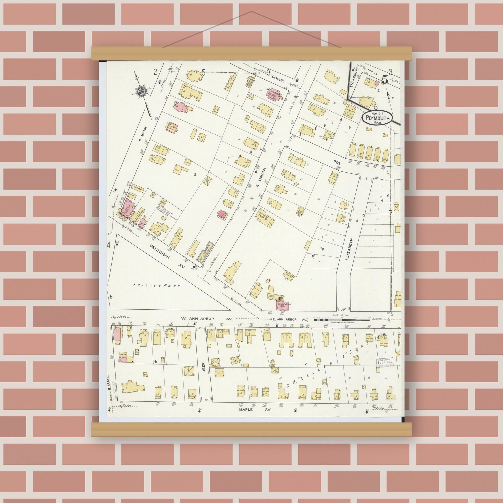 Old map wall art mockup — magnetic wood frame on brick wall — Sanborn Fire Insurance Map from Plymouth, Wayne County, Michigan (1918), Sheet #0005
