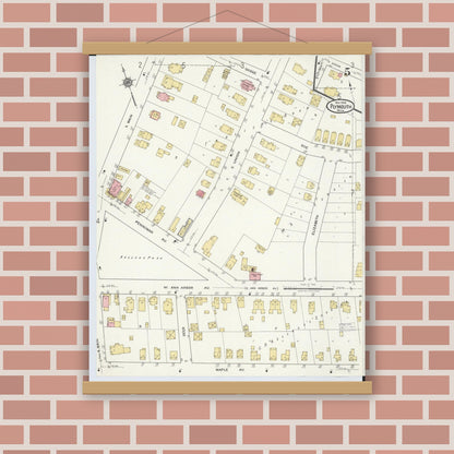 Old map wall art mockup — magnetic wood frame on brick wall — Sanborn Fire Insurance Map from Plymouth, Wayne County, Michigan (1918), Sheet #0005