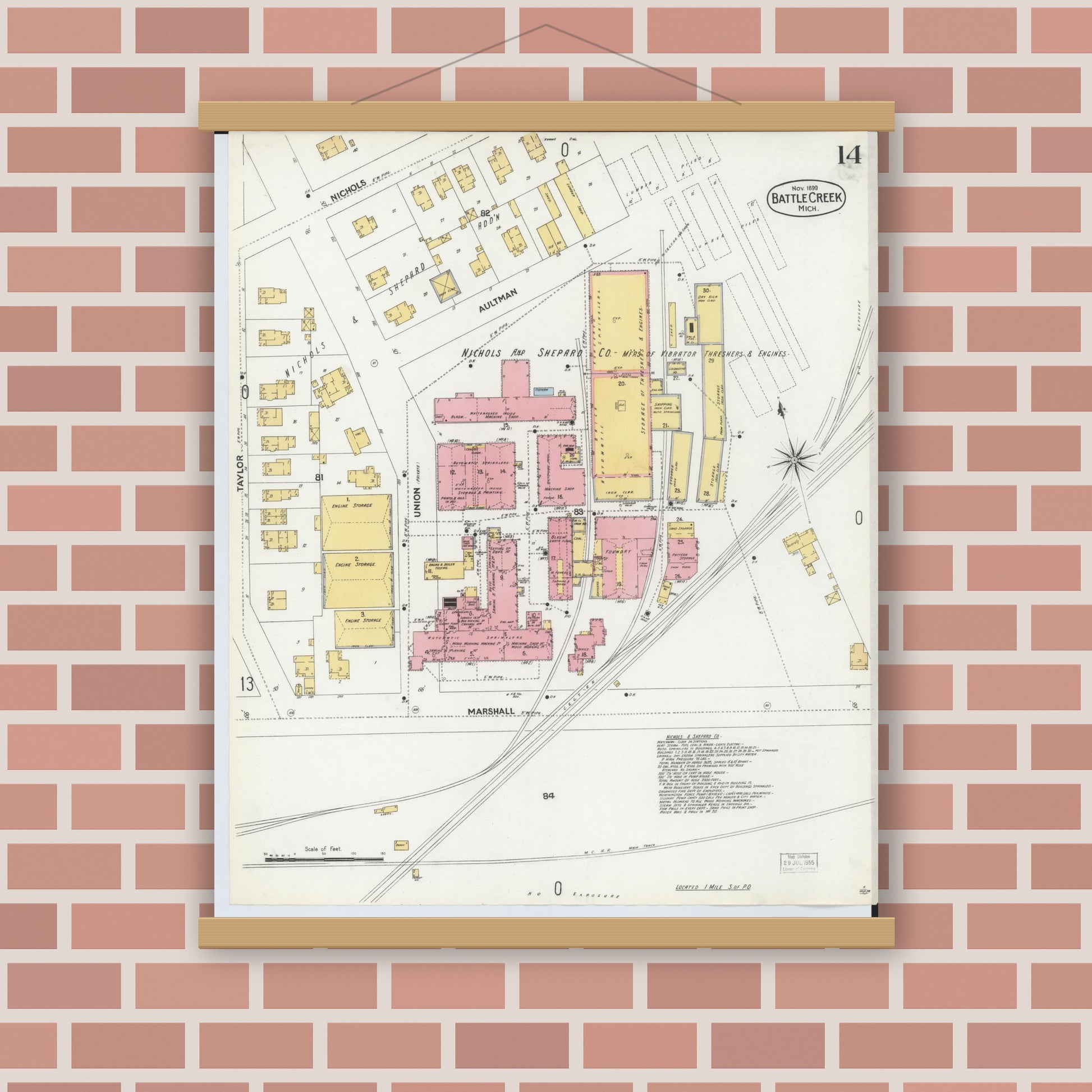 Old map wall art mockup — magnetic wood frame on brick wall — Sanborn Fire Insurance Map from Battle Creek, Calhoun County, Michigan (1899), Sheet #0014