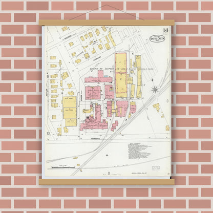 Old map wall art mockup — magnetic wood frame on brick wall — Sanborn Fire Insurance Map from Battle Creek, Calhoun County, Michigan (1899), Sheet #0014