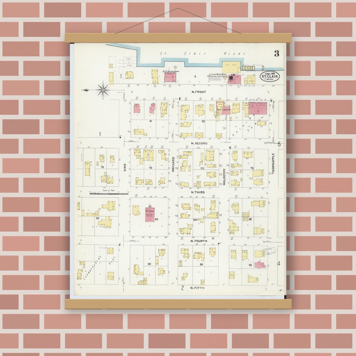 Old map wall art mockup — magnetic wood frame on brick wall — Sanborn Fire Insurance Map from Saint Clair, Saint Clair County, Michigan (1907), Sheet #0003