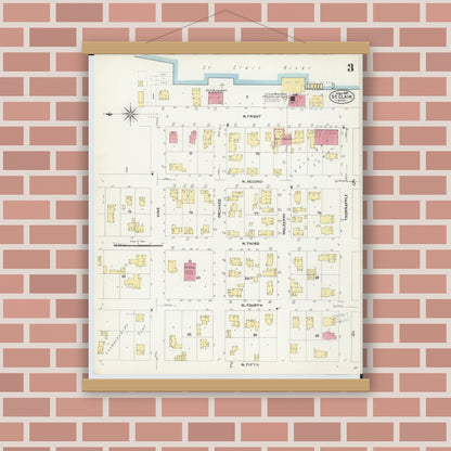 Old map wall art mockup — magnetic wood frame on brick wall — Sanborn Fire Insurance Map from Saint Clair, Saint Clair County, Michigan (1907), Sheet #0003