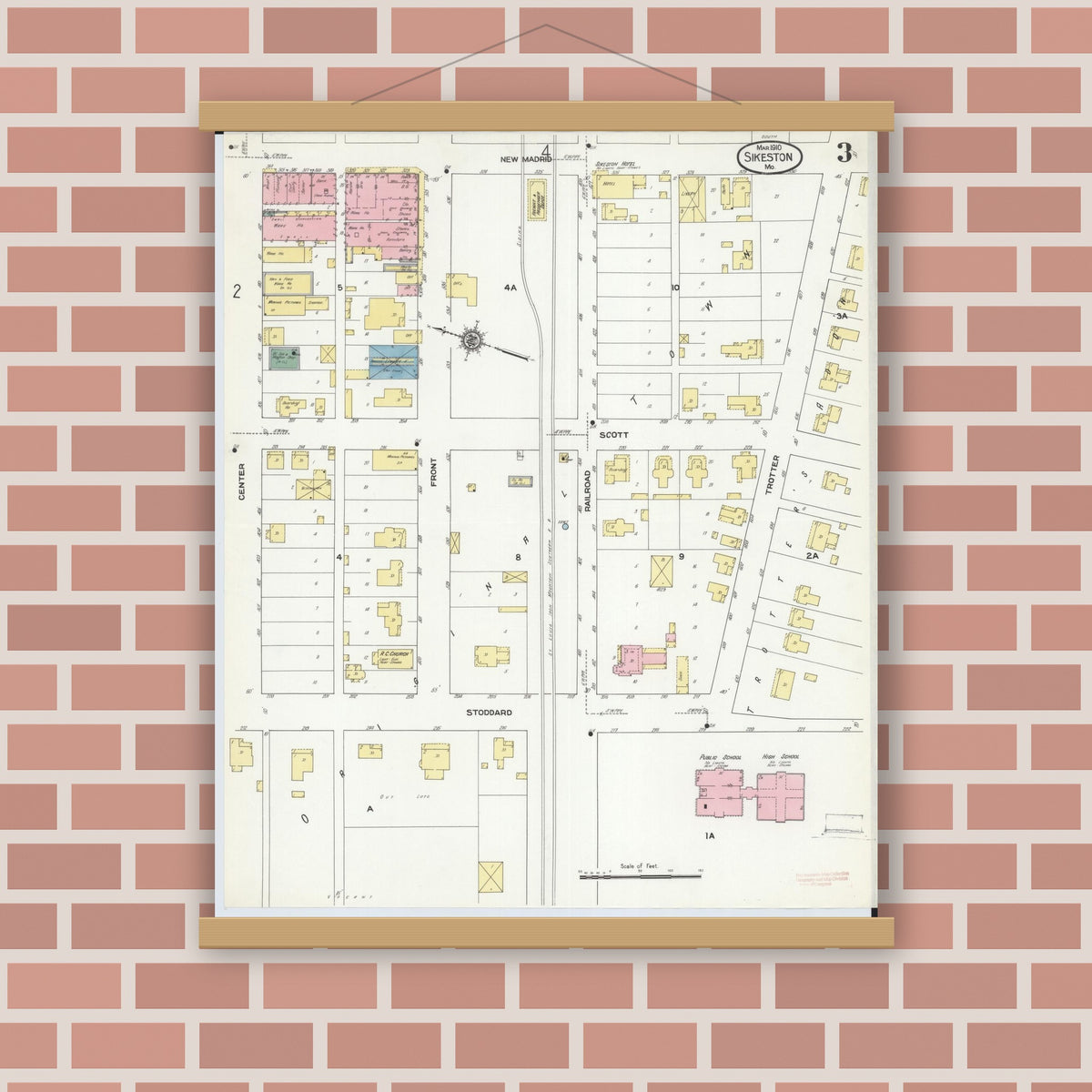 Old map wall art mockup — magnetic wood frame on brick wall — Sanborn Fire Insurance Map from Sikeston, Scott County, Missouri (1910), Sheet #0003