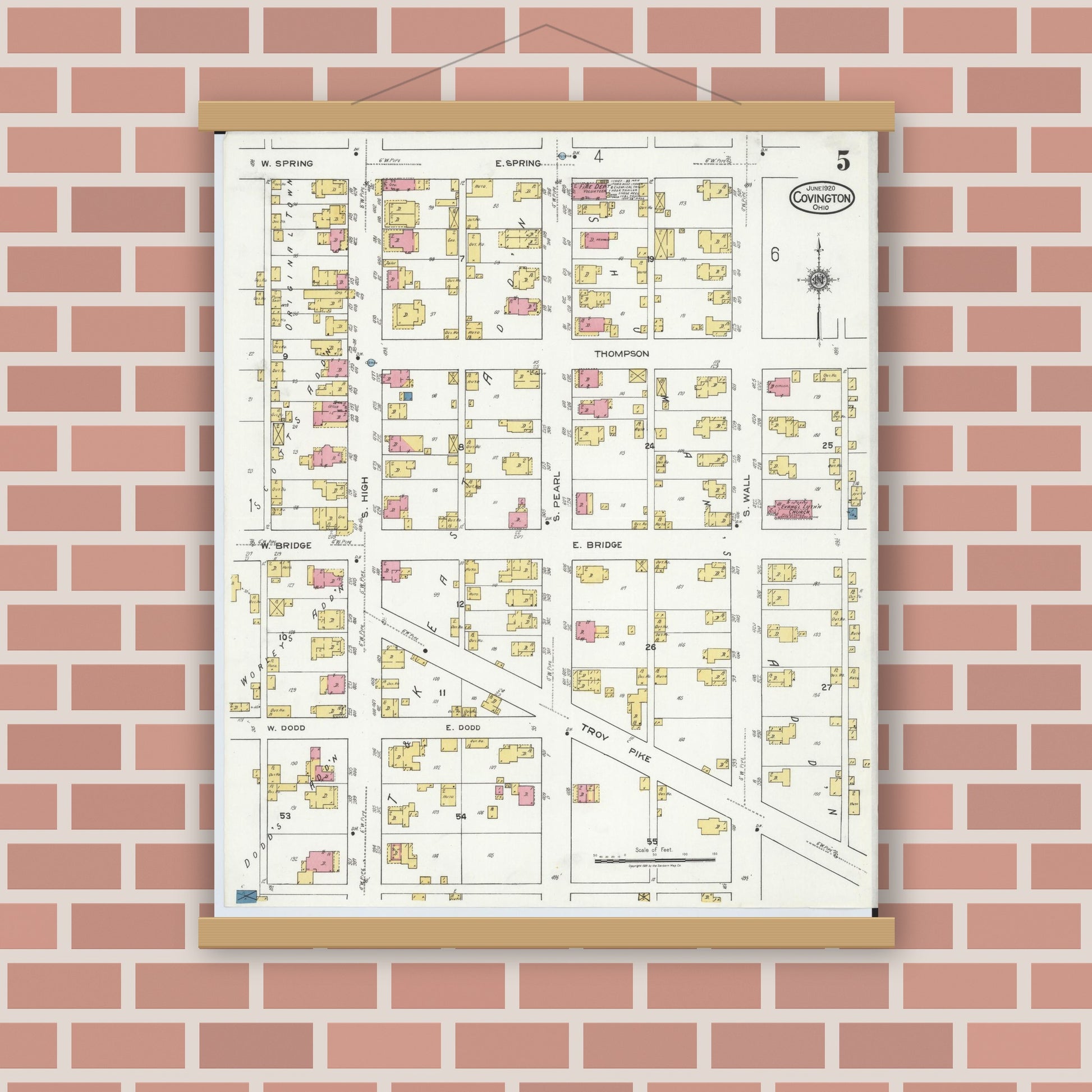 Old map wall art mockup — magnetic wood frame on brick wall — Sanborn Fire Insurance Map from Covington, Miami County, Ohio (1920), Sheet #0005
