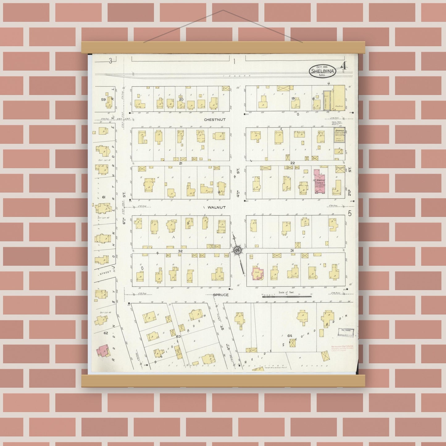 Old map wall art mockup — magnetic wood frame on brick wall — Sanborn Fire Insurance Map from Shelbina, Shelby County, Missouri (1916), Sheet #0004
