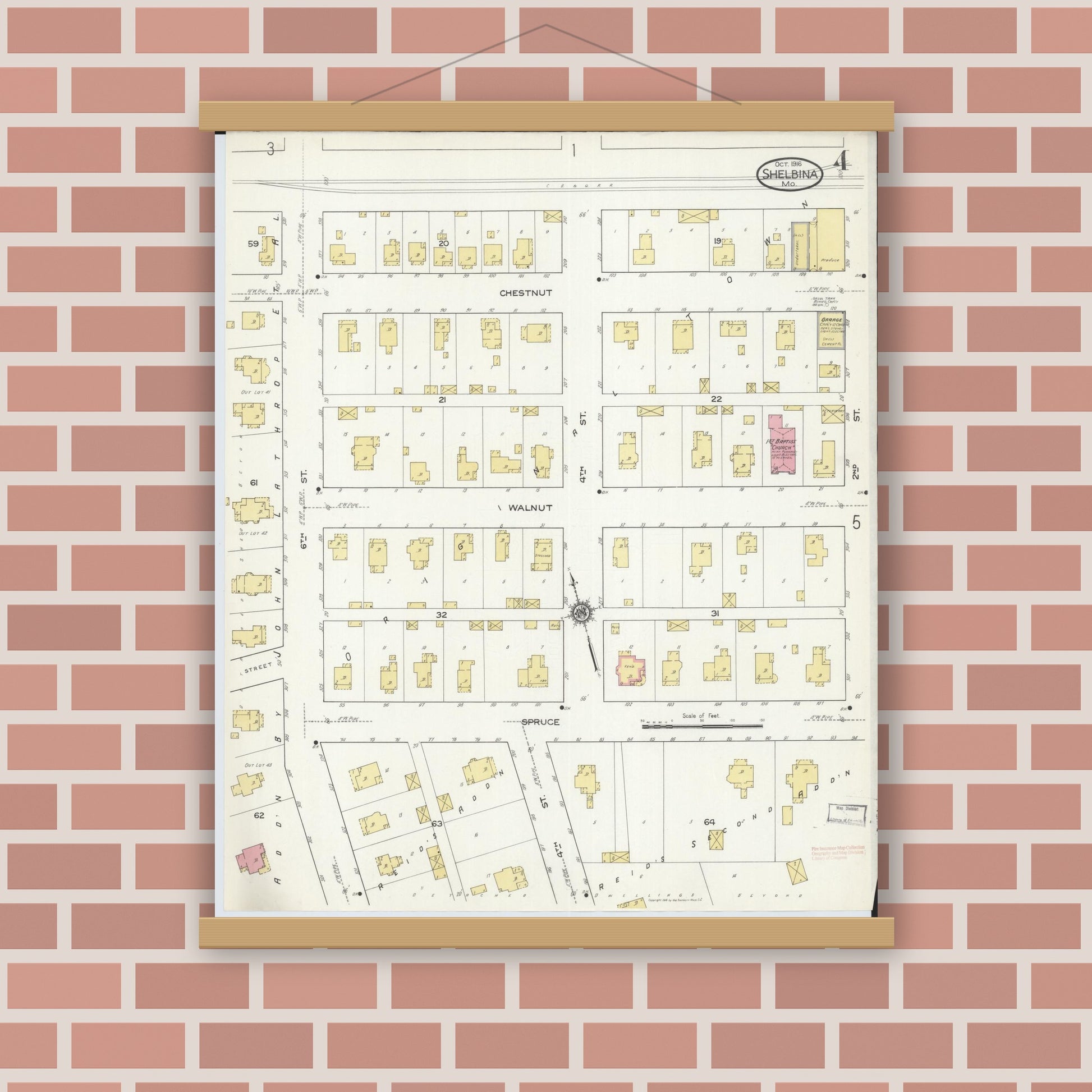 Old map wall art mockup — magnetic wood frame on brick wall — Sanborn Fire Insurance Map from Shelbina, Shelby County, Missouri (1916), Sheet #0004