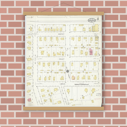 Old map wall art mockup — magnetic wood frame on brick wall — Sanborn Fire Insurance Map from Shelbina, Shelby County, Missouri (1916), Sheet #0004