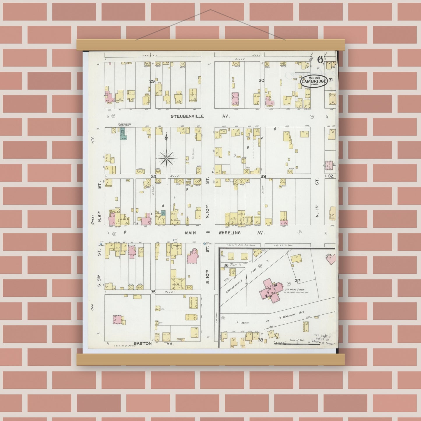 Old map wall art mockup — magnetic wood frame on brick wall — Sanborn Fire Insurance Map from Cambridge, Guernsey County, Ohio (1892), Sheet #0006