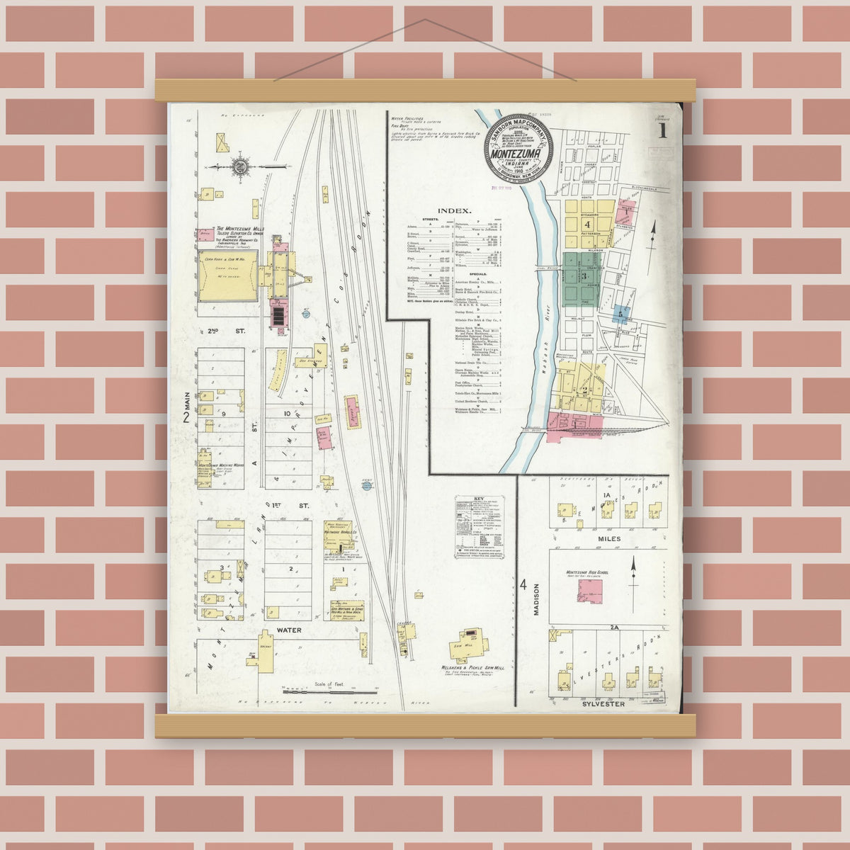 Old map wall art mockup — magnetic wood frame on brick wall — Sanborn Fire Insurance Map from Montezuma, Parke County, Indiana (1910) - Complete Map Set