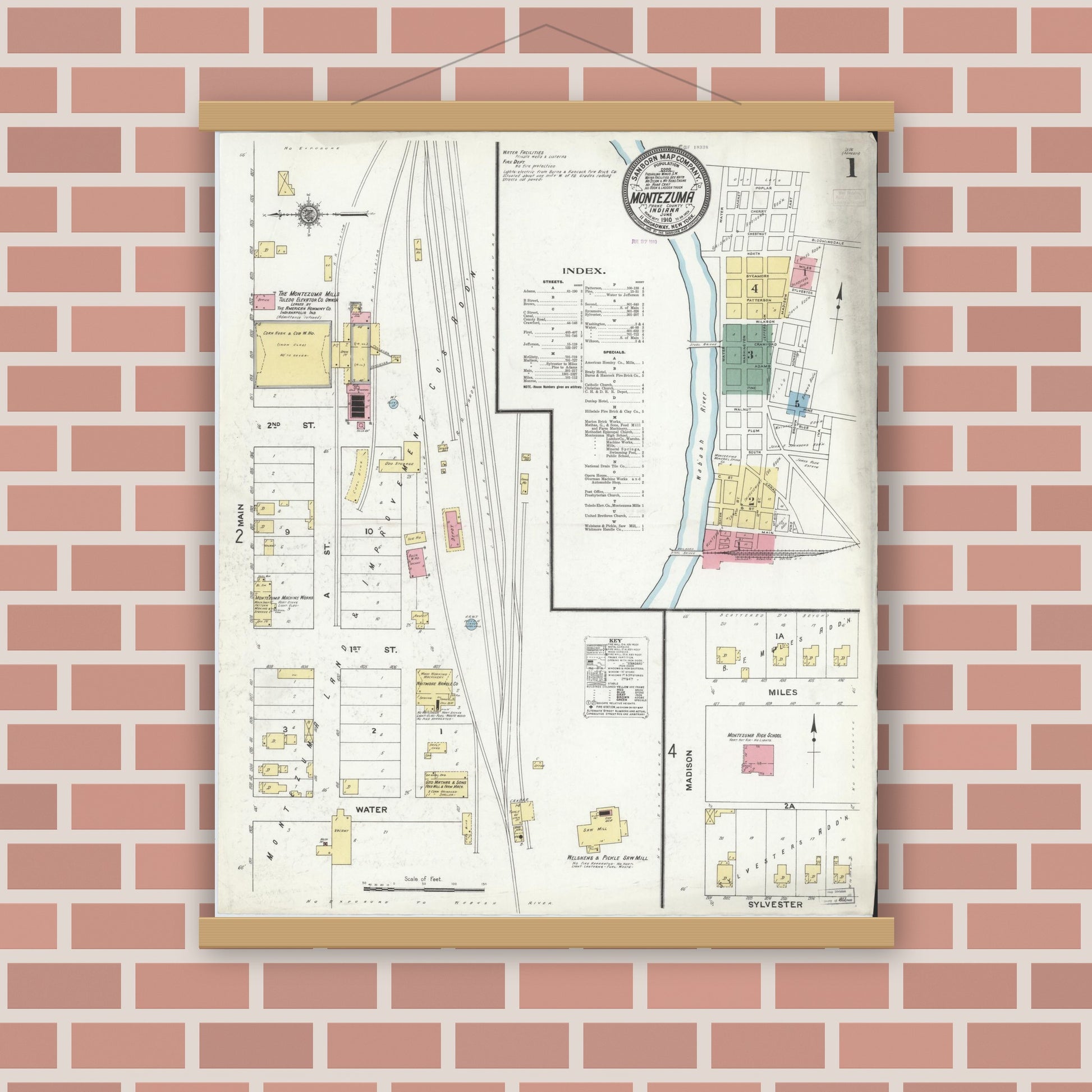 Old map wall art mockup — magnetic wood frame on brick wall — Sanborn Fire Insurance Map from Montezuma, Parke County, Indiana (1910) - Complete Map Set