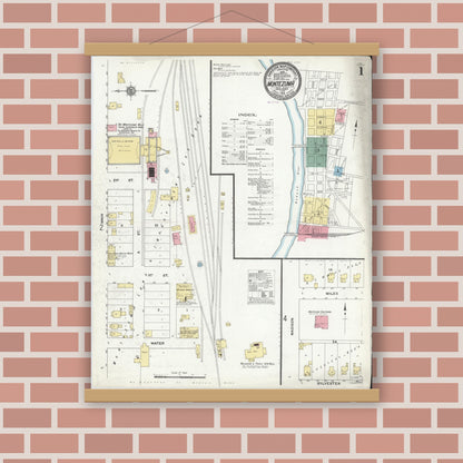 Old map wall art mockup — magnetic wood frame on brick wall — Sanborn Fire Insurance Map from Montezuma, Parke County, Indiana (1910) - Complete Map Set