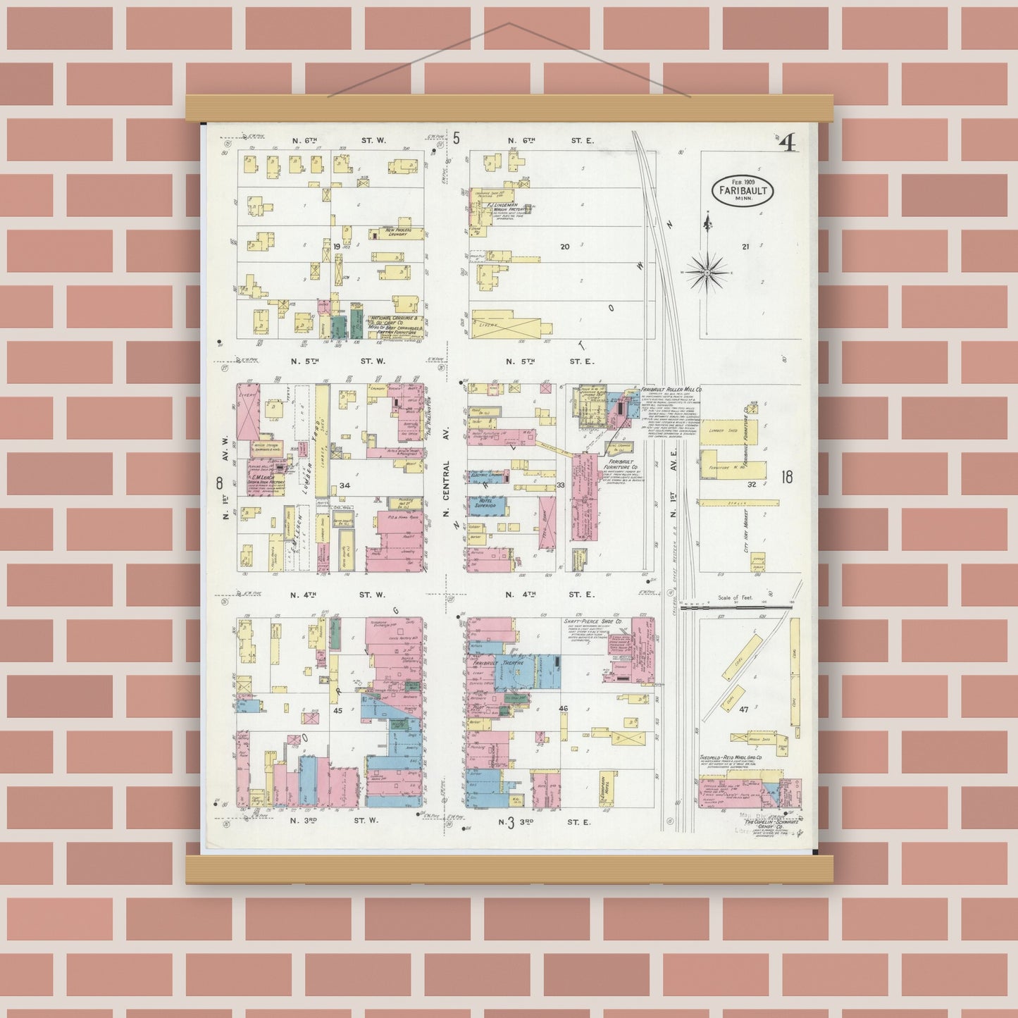 Old map wall art mockup — magnetic wood frame on brick wall — Sanborn Fire Insurance Map from Faribault, Rice County, Minnesota (1909), Sheet #0004