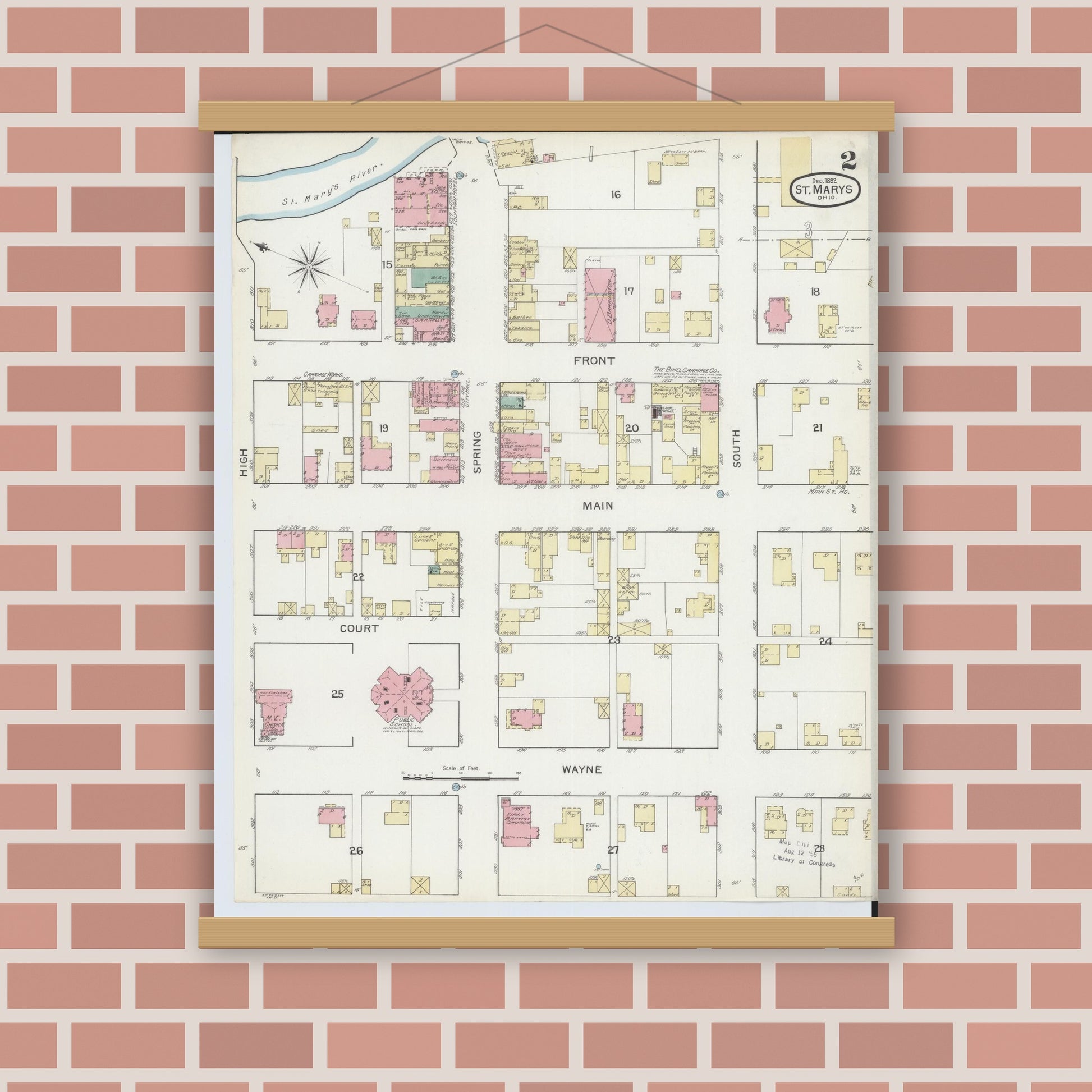 Old map wall art mockup — magnetic wood frame on brick wall — Sanborn Fire Insurance Map from Saint Marys, Auglaize County, Ohio (1892), Sheet #0002
