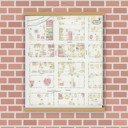 Old map wall art mockup — magnetic wood frame on brick wall — Sanborn Fire Insurance Map from Saint Marys, Auglaize County, Ohio (1892), Sheet #0002