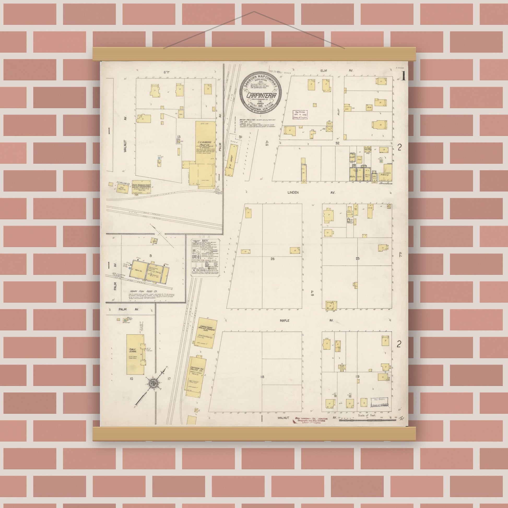 Old map wall art mockup — magnetic wood frame on brick wall — Sanborn Fire Insurance Map from Carpinteria, Santa Barbara County, California (1916) - Complete Map Set