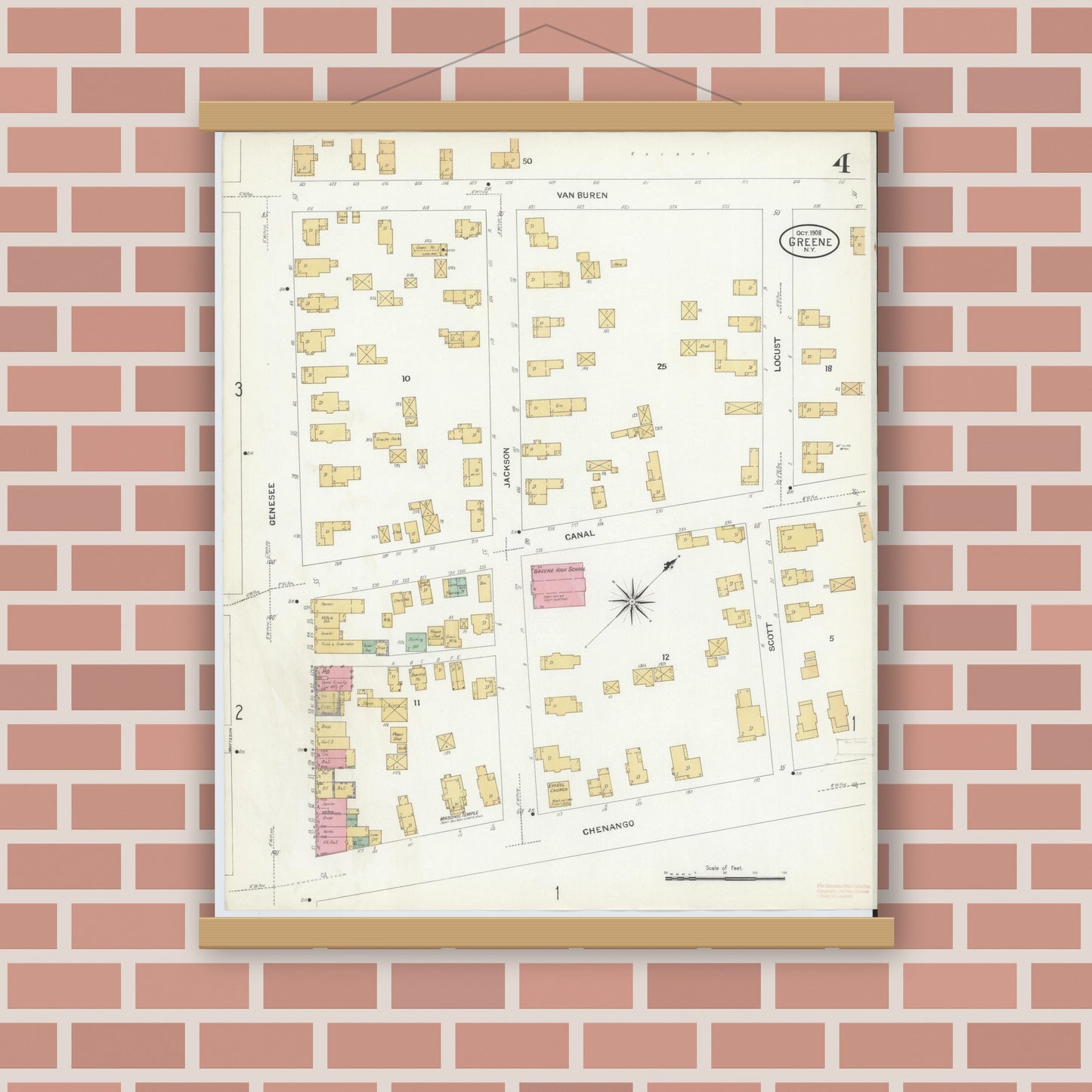 Old map wall art mockup — magnetic wood frame on brick wall — Sanborn Fire Insurance Map from Greene, Chenango County, New York (1908), Sheet #0004