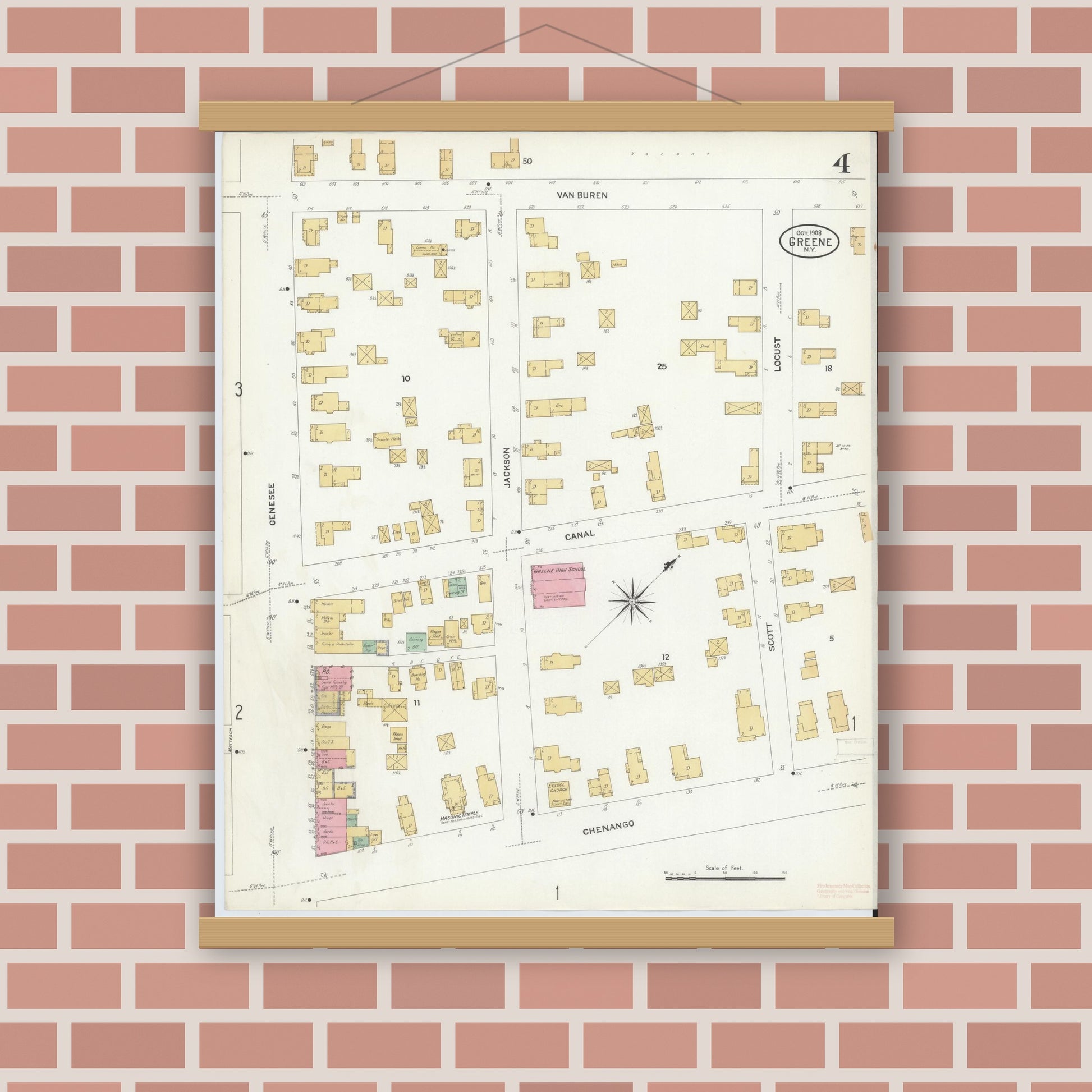Old map wall art mockup — magnetic wood frame on brick wall — Sanborn Fire Insurance Map from Greene, Chenango County, New York (1908), Sheet #0004