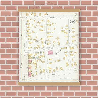 Old map wall art mockup — magnetic wood frame on brick wall — Sanborn Fire Insurance Map from Greene, Chenango County, New York (1908), Sheet #0004