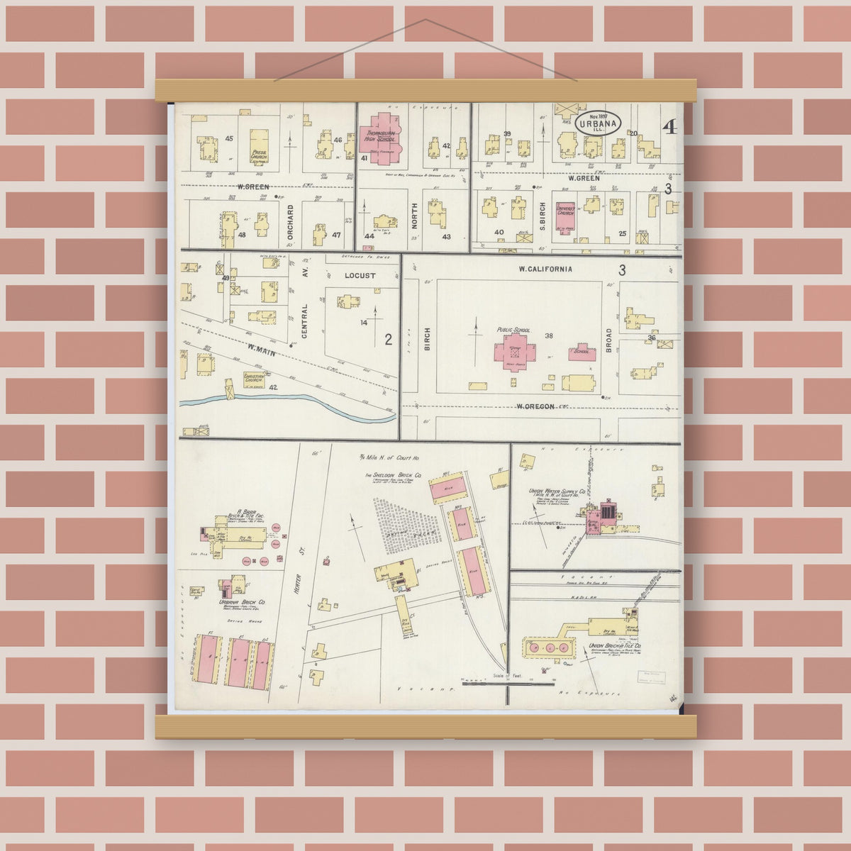 Old map wall art mockup — magnetic wood frame on brick wall — Sanborn Fire Insurance Map from Urbana, Champaign County, Illinois (1897), Sheet #0004