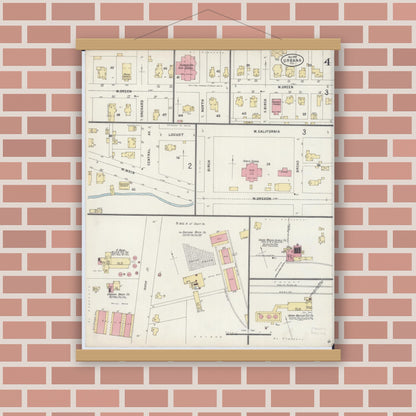 Old map wall art mockup — magnetic wood frame on brick wall — Sanborn Fire Insurance Map from Urbana, Champaign County, Illinois (1897), Sheet #0004