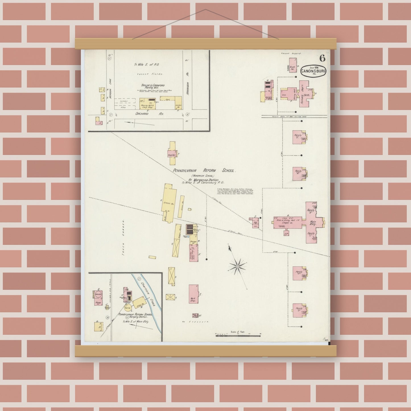 Old map wall art mockup — magnetic wood frame on brick wall — Sanborn Fire Insurance Map from Canonsburg, Washington County, Pennsylvania (1896), Sheet #0006