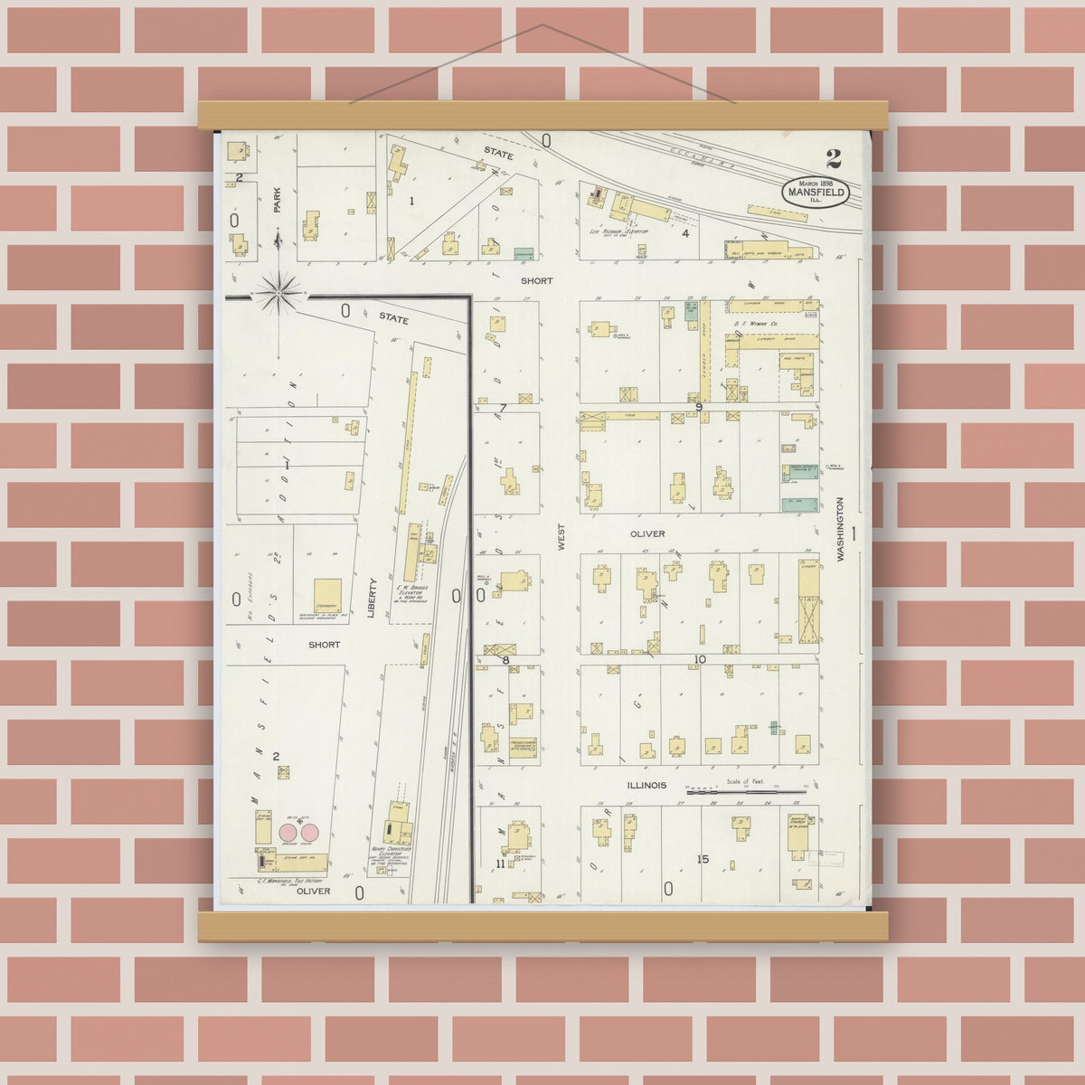 Old map wall art mockup — magnetic wood frame on brick wall — Sanborn Fire Insurance Map from Mansfield, Piatt County, Illinois (1898), Sheet #0002